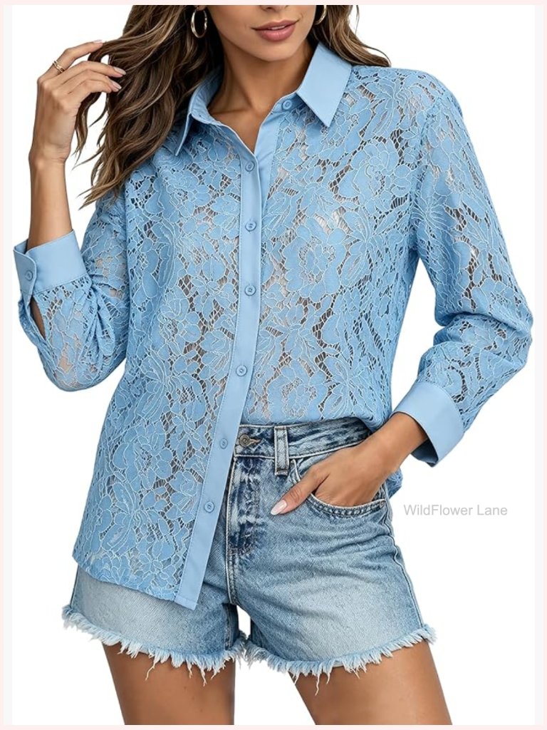 Sheer Lace Long Sleeve Button Down Blouse Dressy Floral Top